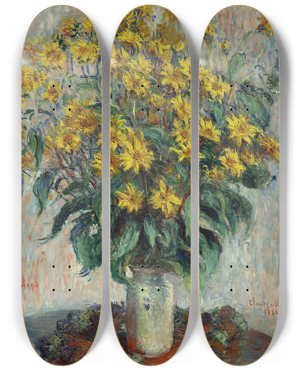 Triptych art skateboard deck of Claude Monet Jerusalem Artichoke Flowers by Claude Monet (1840-1926)