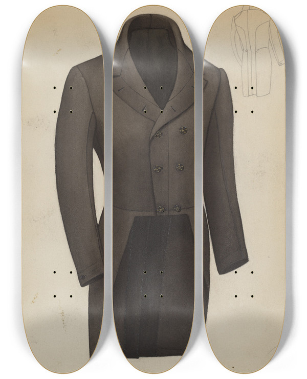 Triptych art skateboard deck of Virginia Berge Tail Coat by Virginia Berge