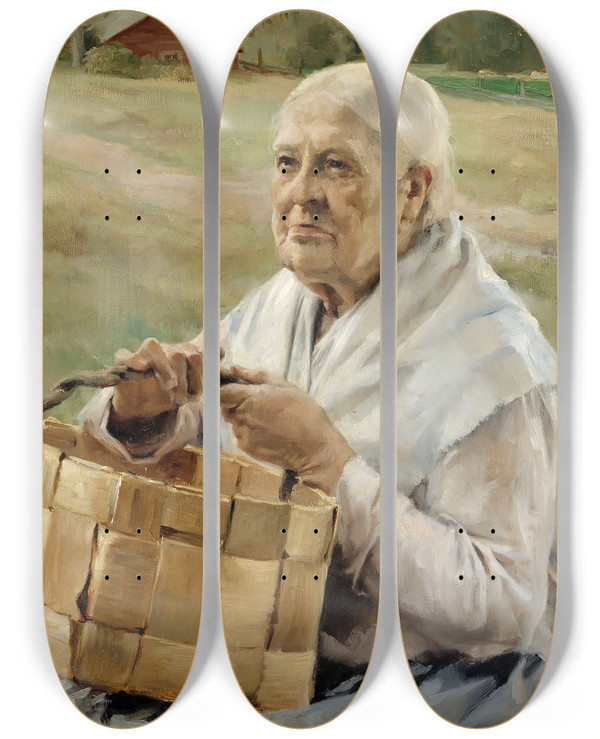 Triptych art skateboard deck of Albert Edelfelt Old Woman With A Chip Basket by Albert Edelfelt (1854-1905)