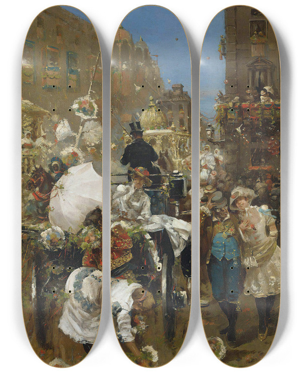 Triptych art skateboard deck of Daniel Hernndez Morillo Il Corso Mascherato Rome by Daniel Hernandez Morillo (1856-1932)