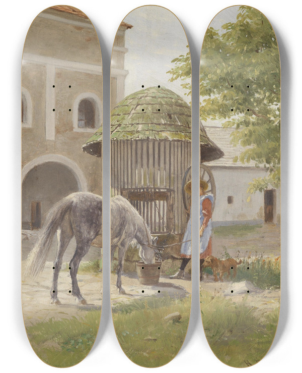 Triptych art skateboard deck of Hermann Reisz Mdchen Mit Pferd Am Brunnen by Hermann Reisz (1865-1920)