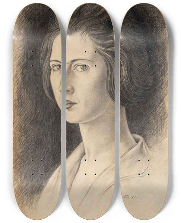 Triptych art skateboard deck of Ubaldo Oppi Wifes Portrait by Ubaldo Oppi (1889-1942)