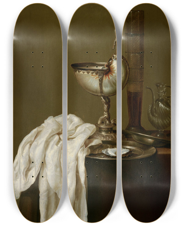 Triptych art skateboard deck of Willem Claesz Heda Still Life With Nautilus Cup by Willem Claesz Heda (1594-1680)