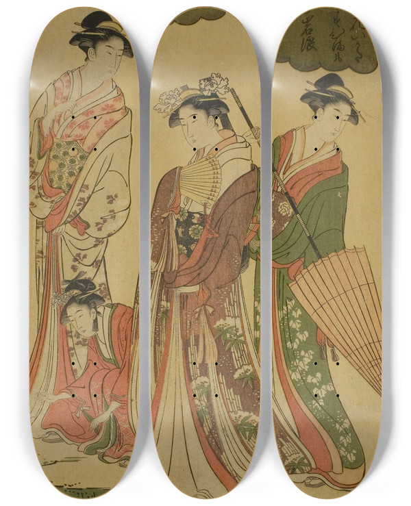 Triptych art skateboard deck of Chbunsai Eishi Women Viewing Cherry Blossoms Ii by Chobunsai Eishi (1756-1829)