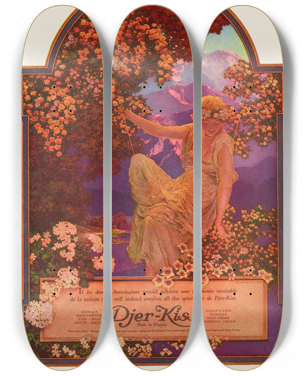 Triptych art skateboard deck of Maxfield Parrish Djerkiss by Maxfield Parrish (1870-1966)