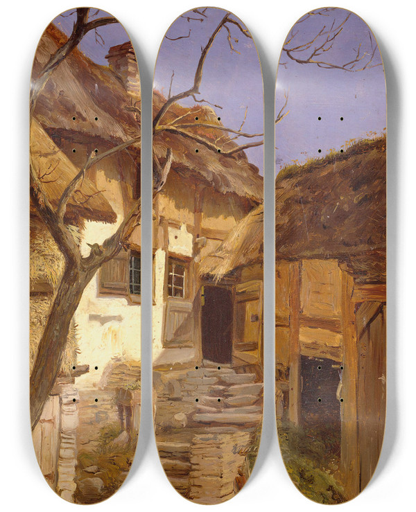 Triptych art skateboard deck of Adolph Tidemand Old German Farm by Adolph Tidemand (1814-1876)