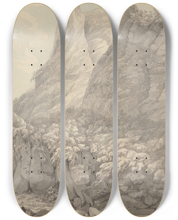 Triptych art skateboard deck of John Webber Thurshouse Tor From The River Manifold Derbyshire by John Webber (1751-1793)
