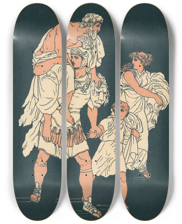 Triptych art skateboard deck of Bartolomeo Pinelli The Flight From Troy by Bartolomeo Pinelli (1781-1835)