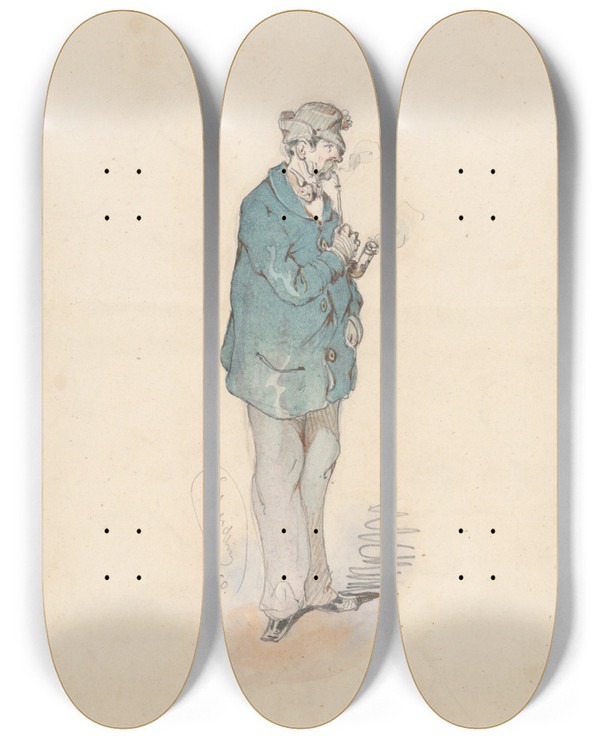 Triptych art skateboard deck of Friedrich Carl Von Scheidlin Man With A Pipe by Friedrich Carl Von Scheidlin (1822-1913)
