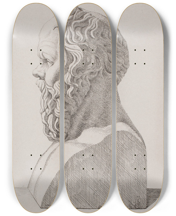 Triptych art skateboard deck of Jacob Kornerup Buste Af Sokrates by Jacob Kornerup (1825-1913)