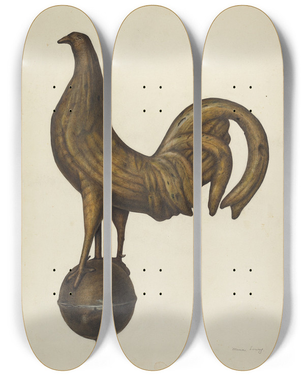Triptych art skateboard deck of Mina Lowry Weather Vane Cock by Mina Lowry (1894-1942)