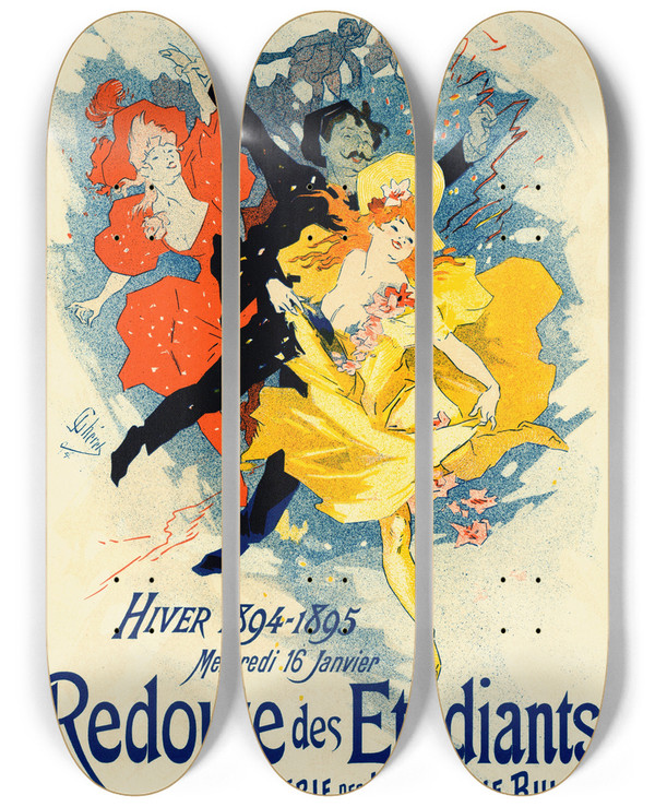 Triptych art skateboard deck of Jules Chret Redoute Des Tudiants by Jules Cheret (1836-1932)