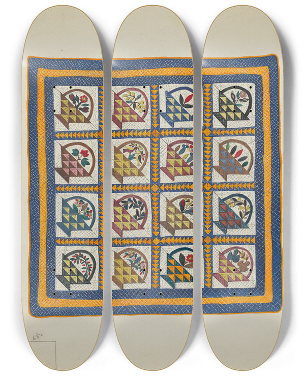Triptych art skateboard deck of Irene Schaefer Bedspread_1 by Irene Schaefer