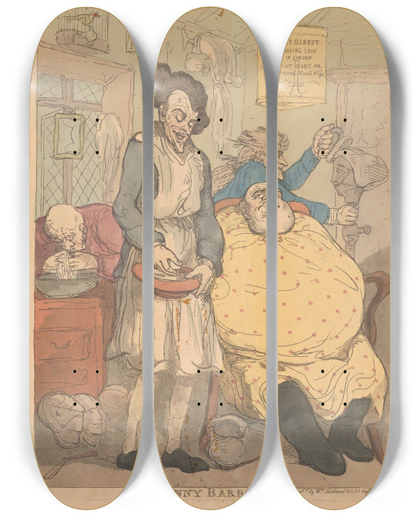 Triptych art skateboard deck of Thomas Rowlandson A Penny Barber by Thomas Rowlandson (1756-1827)
