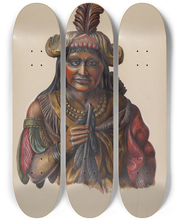 Triptych art skateboard deck of Walter Hochstrasser Cigar Store Indian_25 by Walter Hochstrasser (20-)