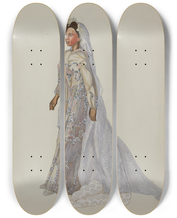 Triptych art skateboard deck of Verna Tallman Negro Bride Puppet by Verna Tallman