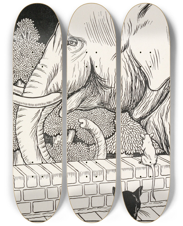 Triptych art skateboard deck of Percy J Billinghurst The Rat And The Elephant by Percy J Billinghurst (1871-1933)