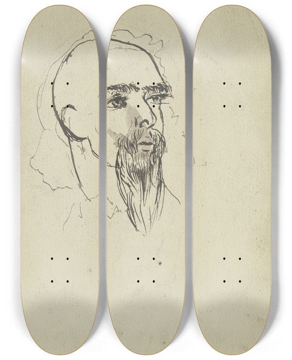 Triptych art skateboard deck of Hans Thoma Bearded Head by Hans Thoma (1839-1924)