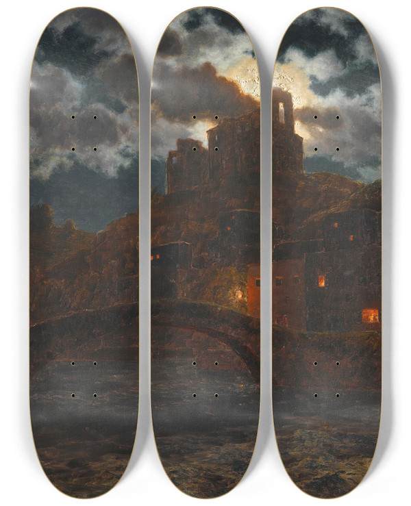 Triptych art skateboard deck of Ivan Fedorovich Choultse On The Banks At Twilight by Ivan Fedorovich Choultse (1877-1939)