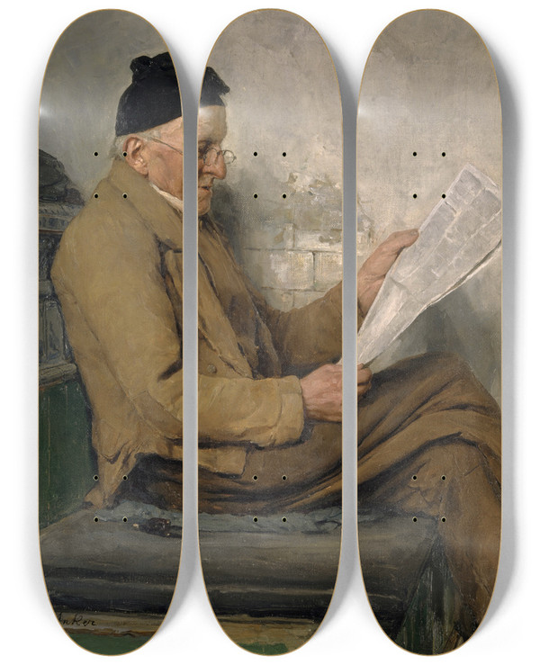 Triptych art skateboard deck of Albert Anker Farmer Reading On The Stove Bench by Albert Anker (1831-1910)