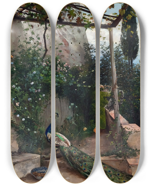 Triptych art skateboard deck of Hugo Birger Terrace With Peacock The Alhambra by Hugo Birger (1854-1887)