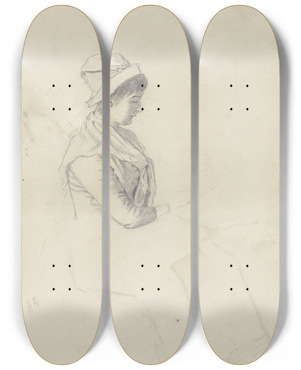 Triptych art skateboard deck of Otto Scholderer Serviermdchen Mdchen Mit Melone by Otto Scholderer (1834-1902)