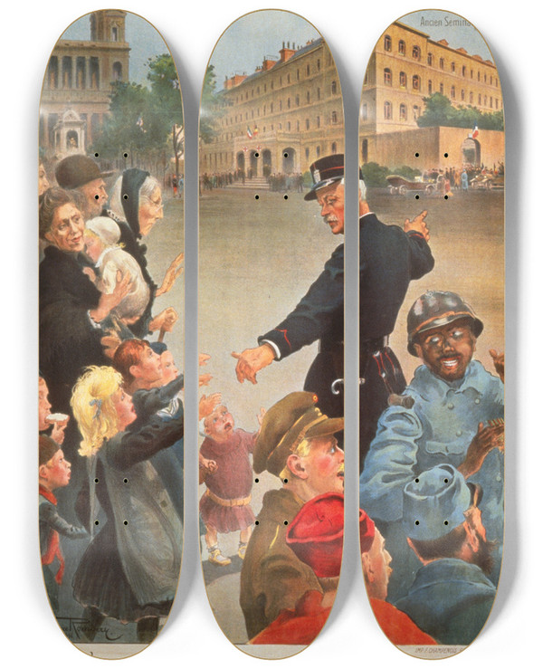 Triptych art skateboard deck of Maurice Romberg Le Secours De Guerre by Maurice Romberg (1862-1943)