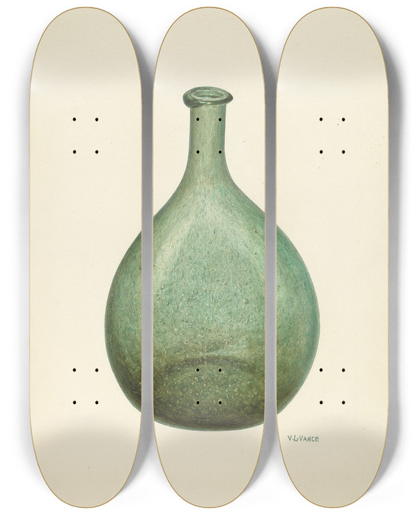 Triptych art skateboard deck of Vl Vance Bottle by V.L. Vance