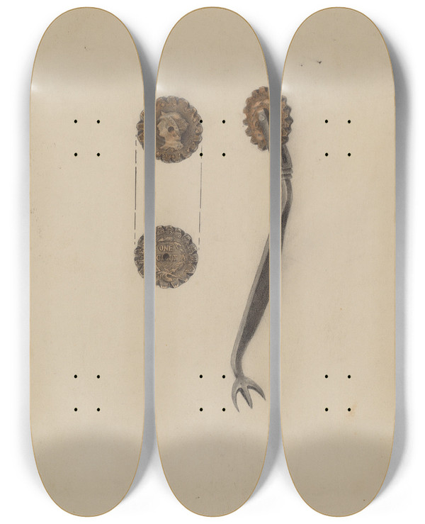 Triptych art skateboard deck of Samuel O Klein Pie Crust Crimper by Samuel O Klein