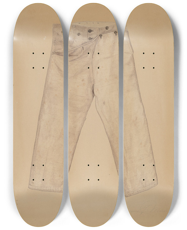Triptych art skateboard deck of Georgine E Mason Homespun Breeches by Georgine E Mason
