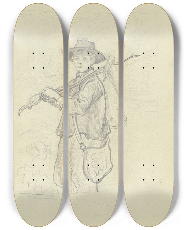 Triptych art skateboard deck of Otto Scholderer The Young Gamekeeper by Otto Scholderer (1834-1902)