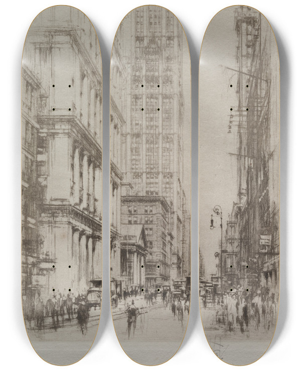 Triptych art skateboard deck of William Walcot Lower Broadway by William Walcot (1874-1943)