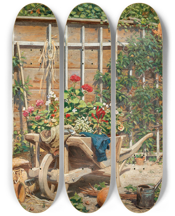 Triptych art skateboard deck of Hugo Charlemont Gartenidyll by Hugo Charlemont (1850-1939)