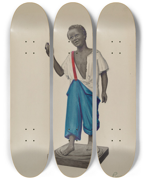 Triptych art skateboard deck of Eugene Croe Cast Iron Hitching Post by Eugene Croe (20-)