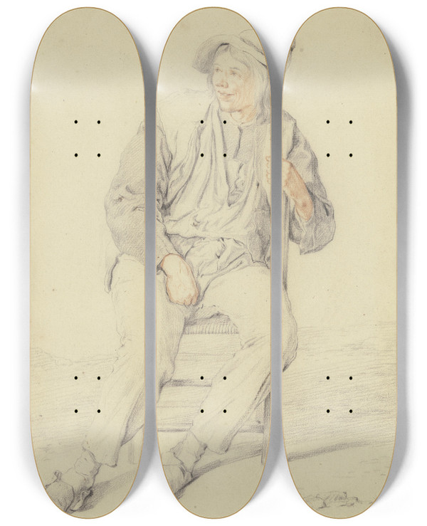 Triptych art skateboard deck of Cornelis Dusart Bauer Auf Einem Stuhl Nach Links Gewandt by Cornelis Dusart (1660-1704)