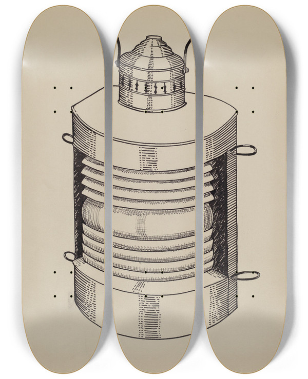 Triptych art skateboard deck of Florence Huston Masthead Light by Florence Huston