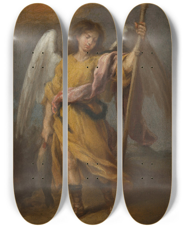 Triptych art skateboard deck of Bartolom Estebn Murillo Archangel Raphael by Bartolome Esteban Murillo (1617-1682)