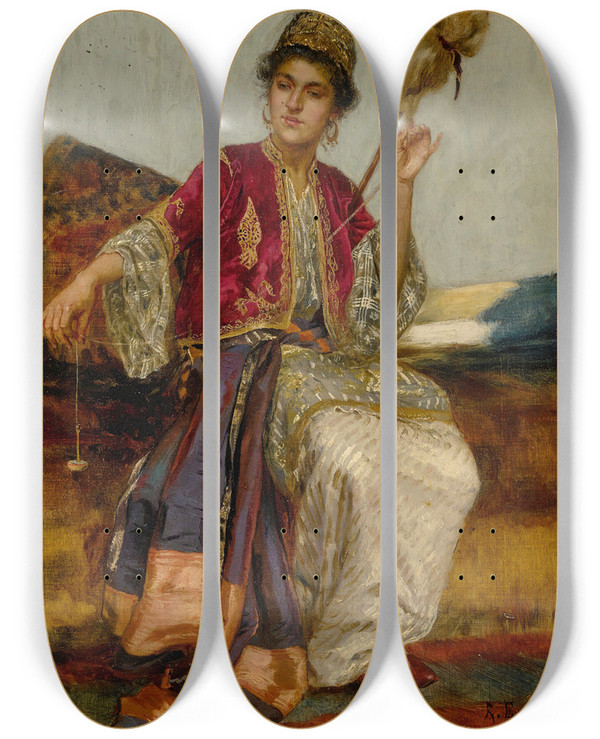 Triptych art skateboard deck of Rudolf Ernst La Fileuse by Rudolf Ernst (1854-1932)