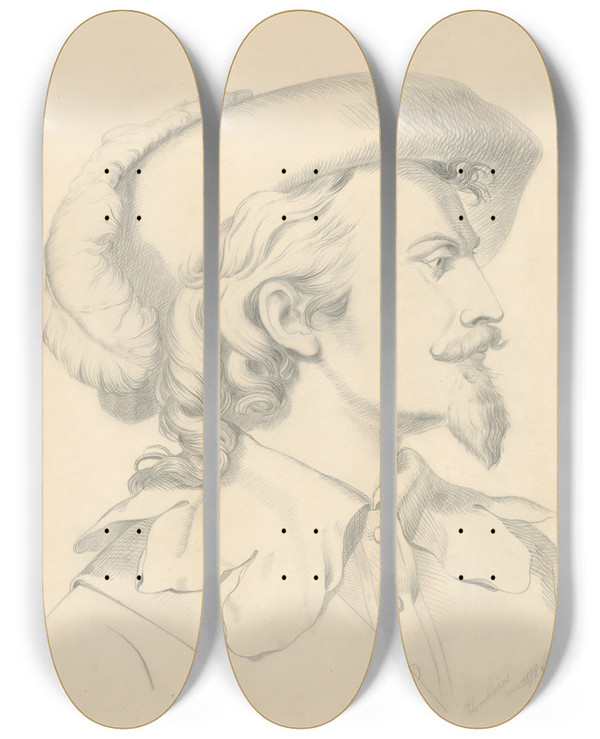 Triptych art skateboard deck of Frantiek Klimkovi Head Of A Man With A Beard by Frantisek Klimkovic (1826-1890)