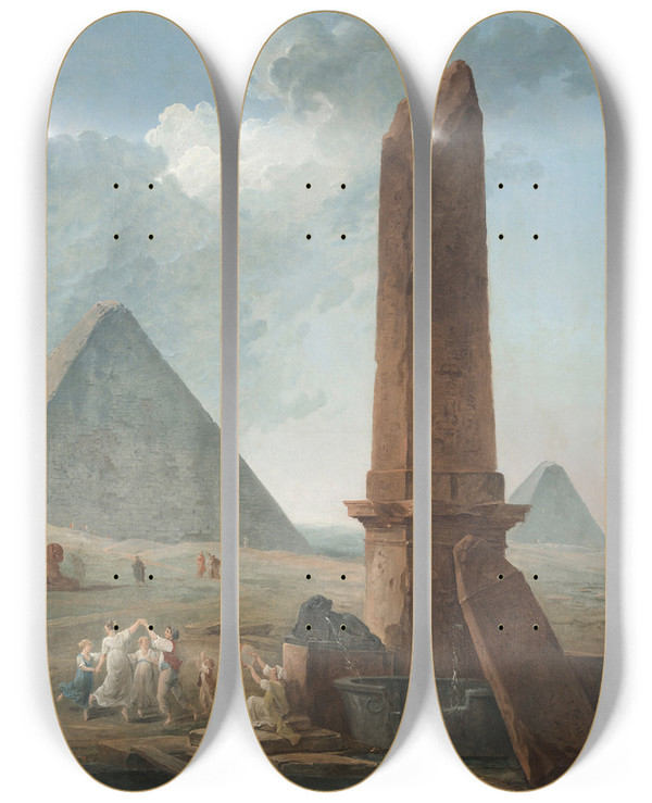 Triptych art skateboard deck of Hubert Robert The Farandole Amidst Egyptian Monuments_2 by Hubert Robert (1733-1808)