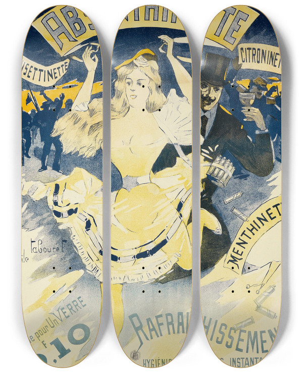Triptych art skateboard deck of Emile Tabouret Absinthinette by Emile Tabouret (1850-1927)