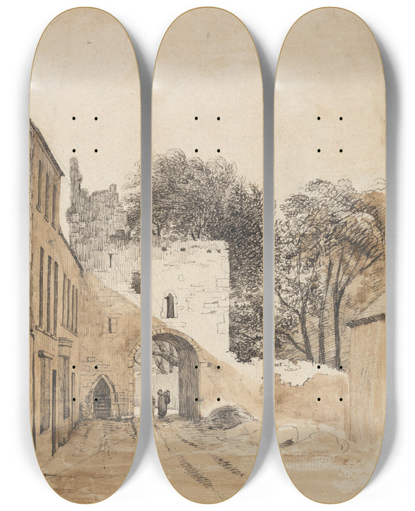 Triptych art skateboard deck of Thomas Crofton Croker Ruined Gateway At Kilmallock by Thomas Crofton Croker