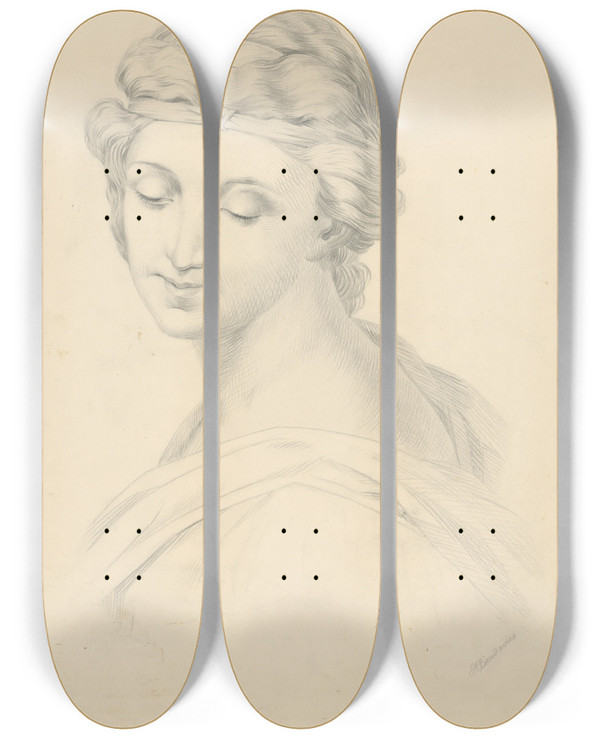 Triptych art skateboard deck of Frantiek Klimkovi Womans Head by Frantisek Klimkovic (1826-1890)