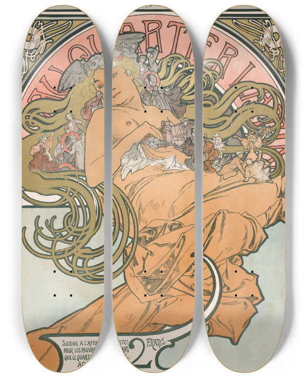 Triptych art skateboard deck of Alphonse Mucha Au Quartier Latin_1 by Alphonse Mucha (1860-1939)
