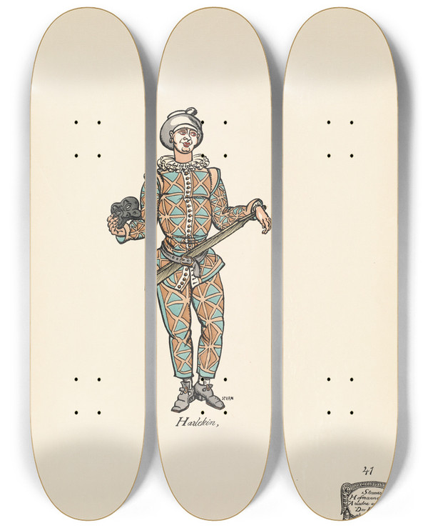 Triptych art skateboard deck of Ernst Stern Harlekin by Ernst Stern (1876-1954)