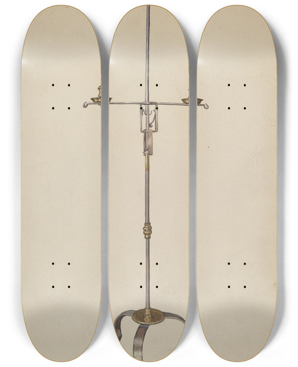 Triptych art skateboard deck of Francis Borelli Iron And Brass Candlestand by Francis Borelli