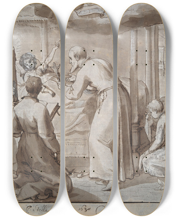 Triptych art skateboard deck of Jacques Stella St Philip Visiting Ahospital_2 by Jacques Stella (1596-1657)