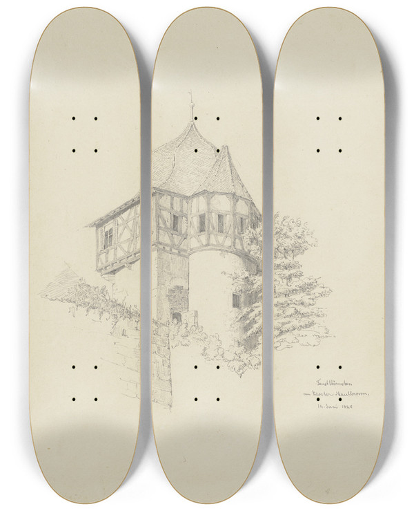 Triptych art skateboard deck of Friedrich Wilhelm Ludwig Fausttrmchen Am Kloster Maulbronn by Friedrich Wilhelm Ludwig (1828)