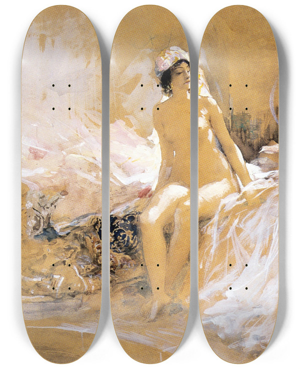 Triptych art skateboard deck of Antoine Calbet Odalisque Assise Devant Une Piscine by Antoine Calbet (1860-1944)