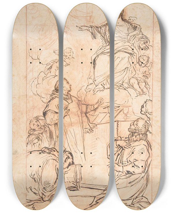 Triptych art skateboard deck of Agostino Masucci The Virgin Appearing At Mass by Agostino Masucci (1692-1768)
